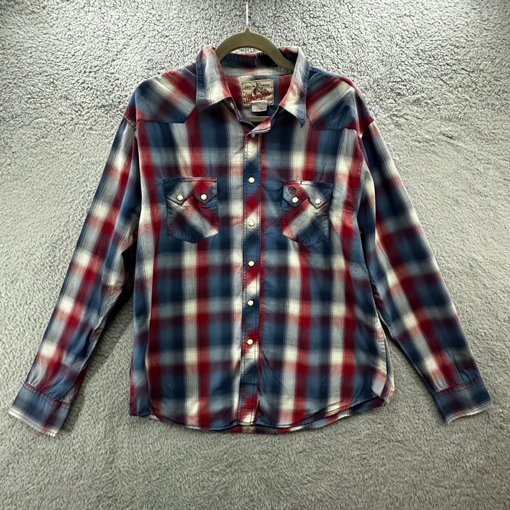 Wrangler Men's XL? American Cowboys Mens Plaid Western Snap Shirt Red White Blue